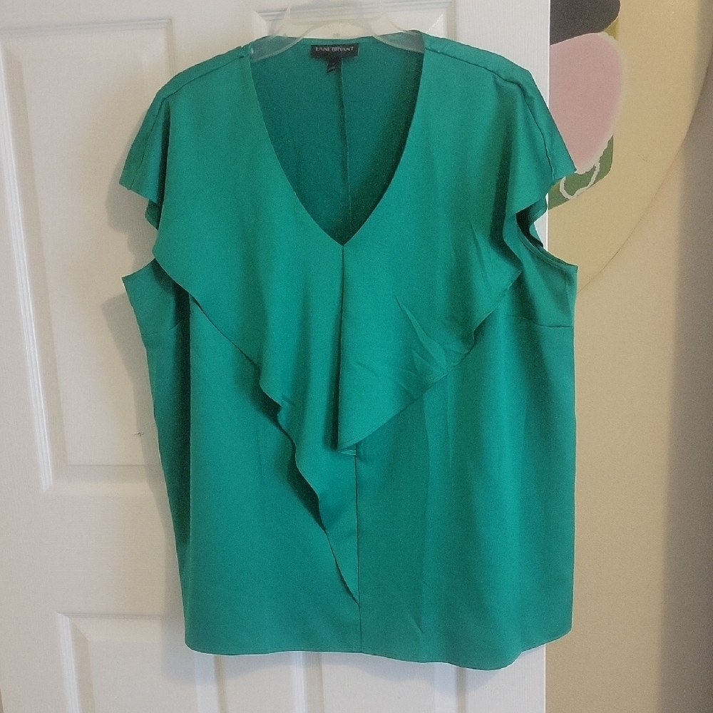 Lane Bryant Sz18 Emerald green Ruffled V-Neck Blouse